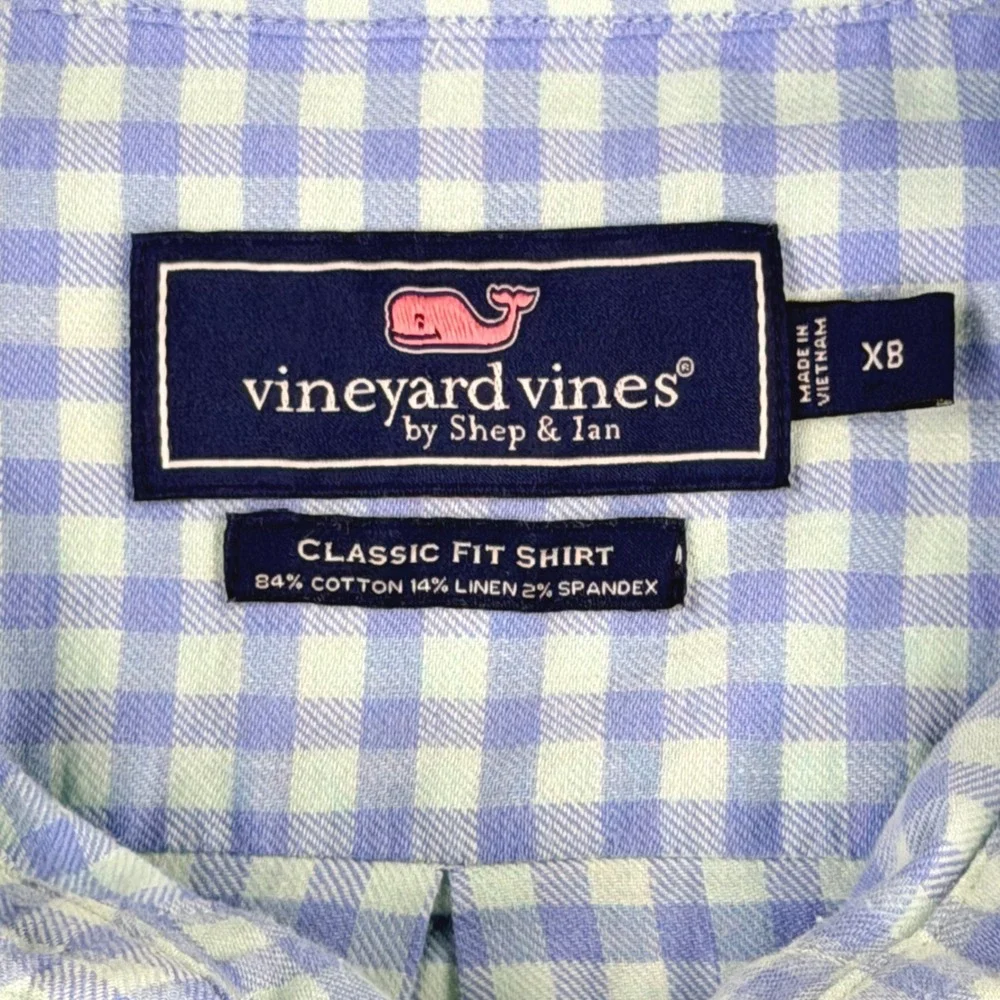 Vineyard Vines Classic Shirt Men XB Blue‎ Mint Gingham Linen Blend Short Sleeve